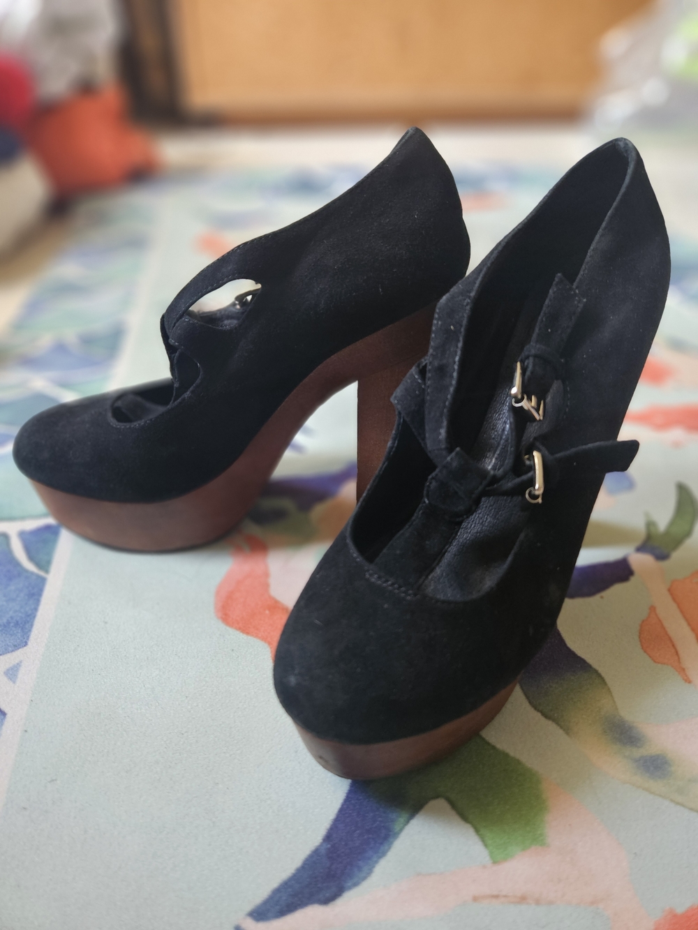 Women's Black Suede Platform Mary Jane Heels with Wood-Look Platform